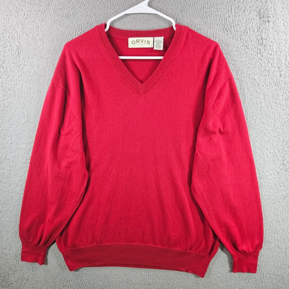 Orvis Mens Red Cotton Cashmere V-Neck Sweater Size Large L Ribbed Knit Pullover